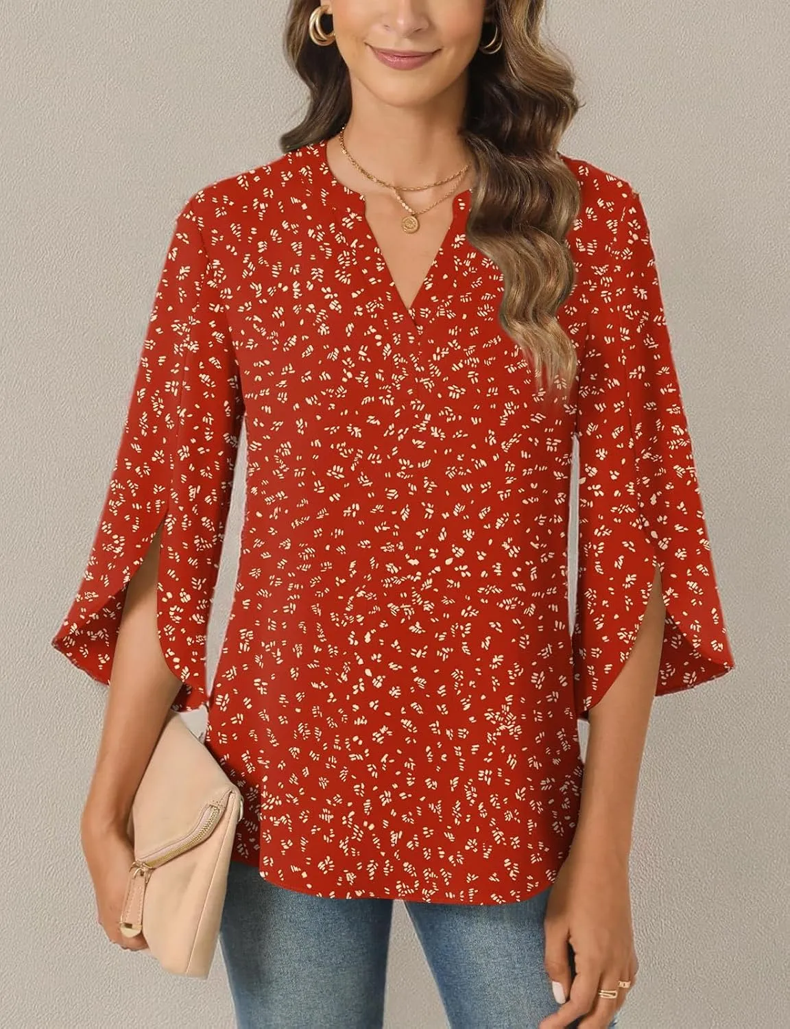 Anyally Women's Chiffon Blouses 3/4 Sleeve Summer Dressy Tunic Tops Casual Loose V Neck T-Shirts
