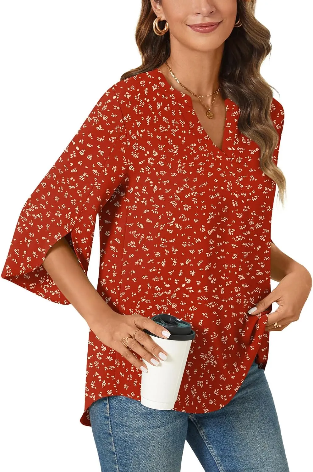 Anyally Women's Chiffon Blouses 3/4 Sleeve Summer Dressy Tunic Tops Casual Loose V Neck T-Shirts