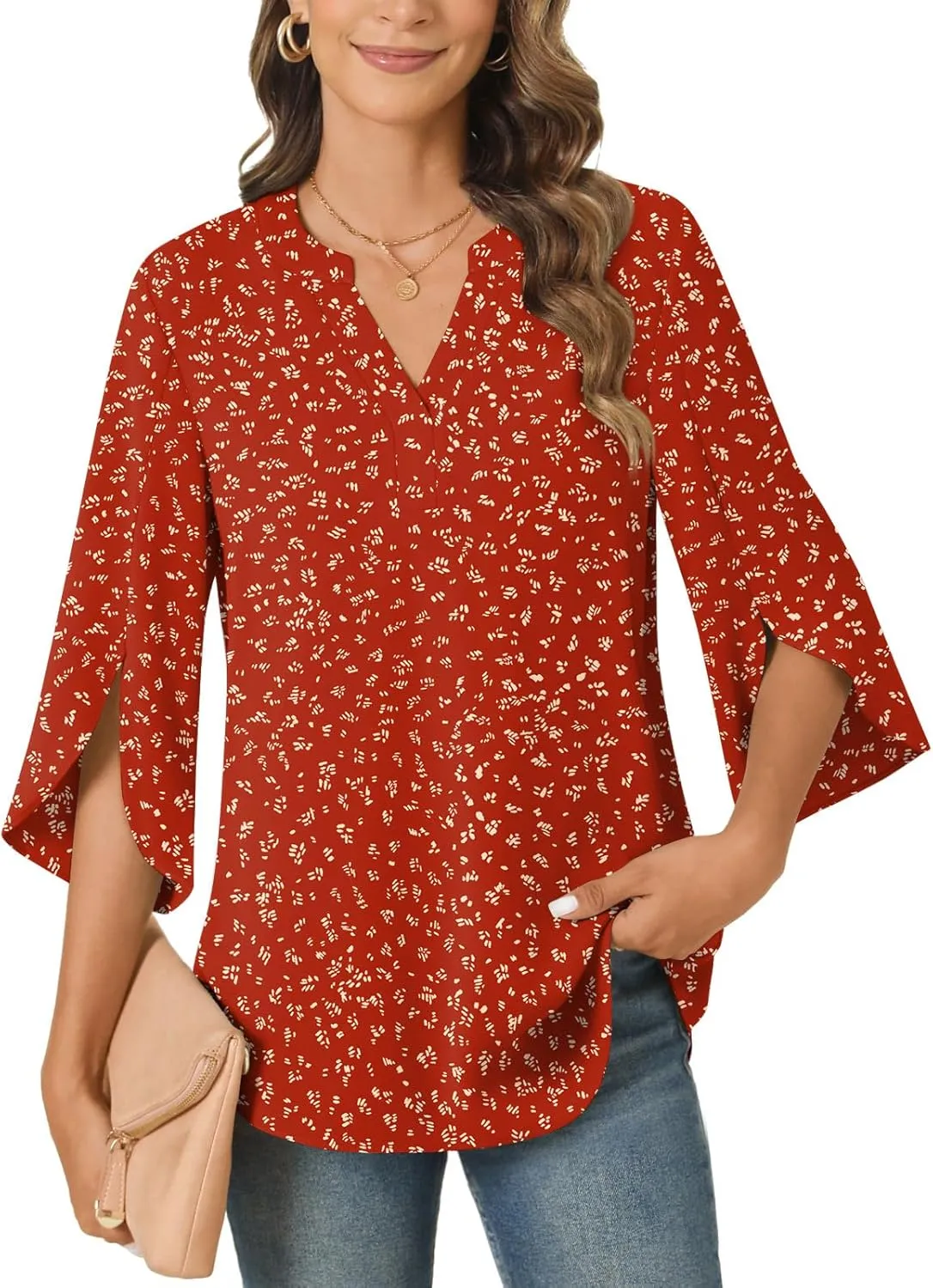 Anyally Women's Chiffon Blouses 3/4 Sleeve Summer Dressy Tunic Tops Casual Loose V Neck T-Shirts