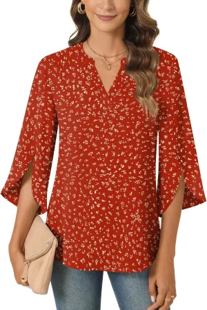 Anyally Women's Chiffon Blouses 3/4 Sleeve Summer Dressy Tunic Tops Casual Loose V Neck T-Shirts