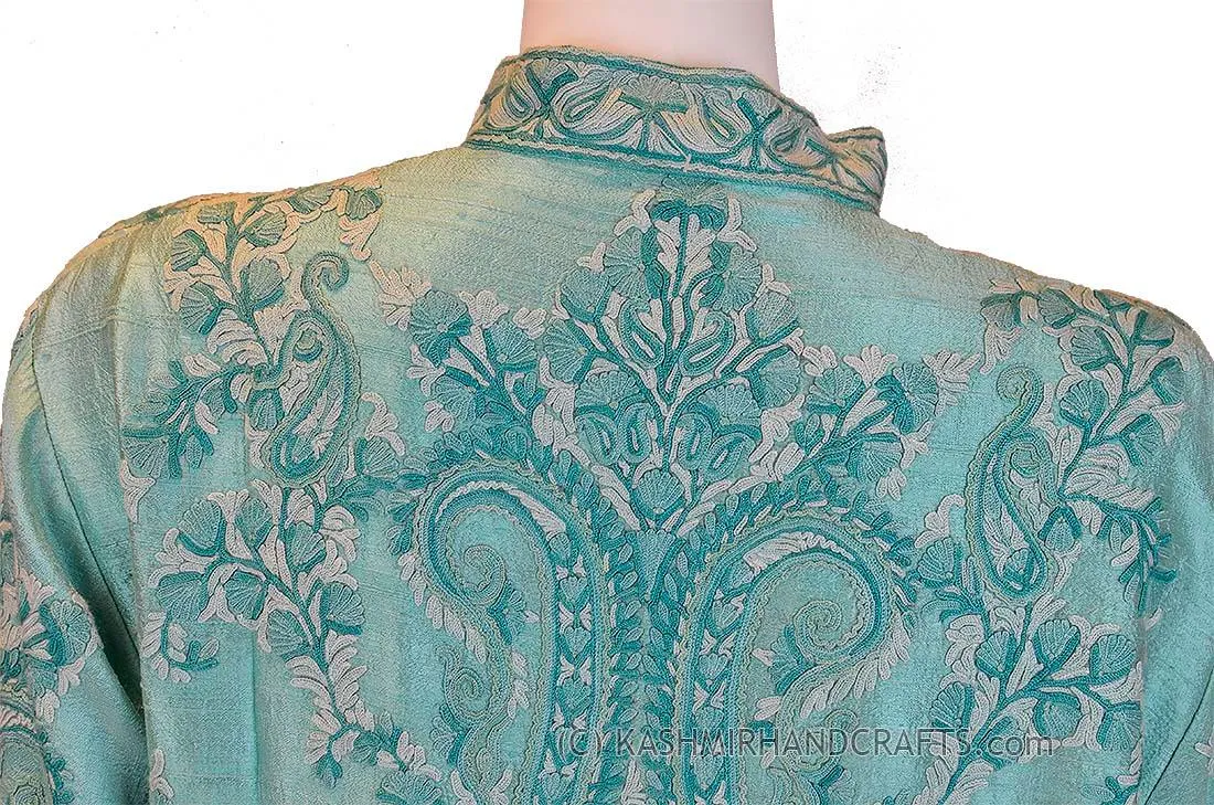 Aquamarine Silk Jacket Dinner Paisley Evening Dress Coat Hand Embroidered Kashmir