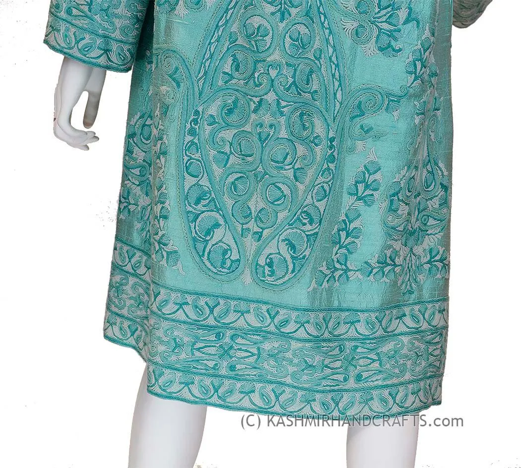 Aquamarine Silk Jacket Dinner Paisley Evening Dress Coat Hand Embroidered Kashmir