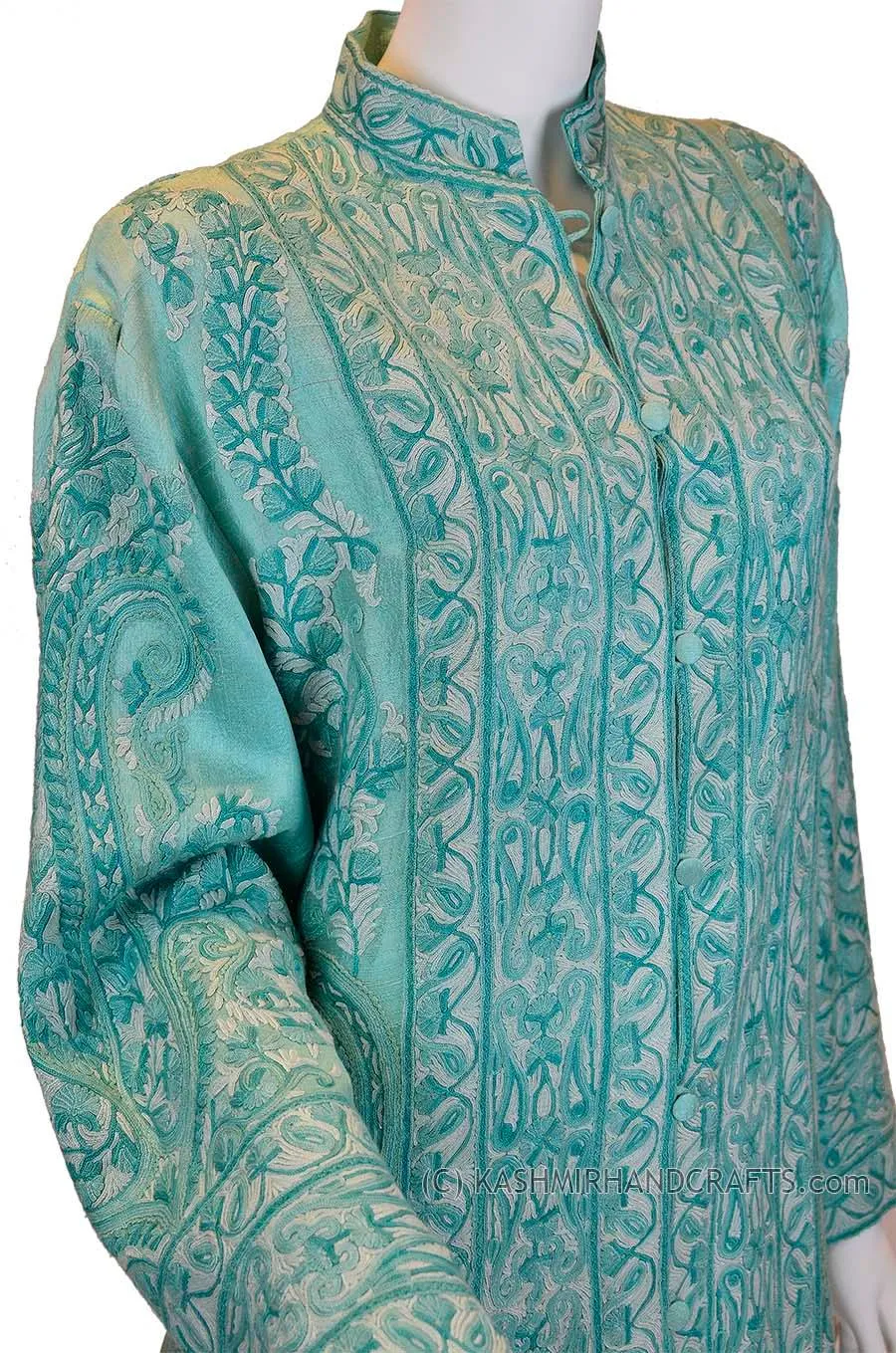 Aquamarine Silk Jacket Dinner Paisley Evening Dress Coat Hand Embroidered Kashmir