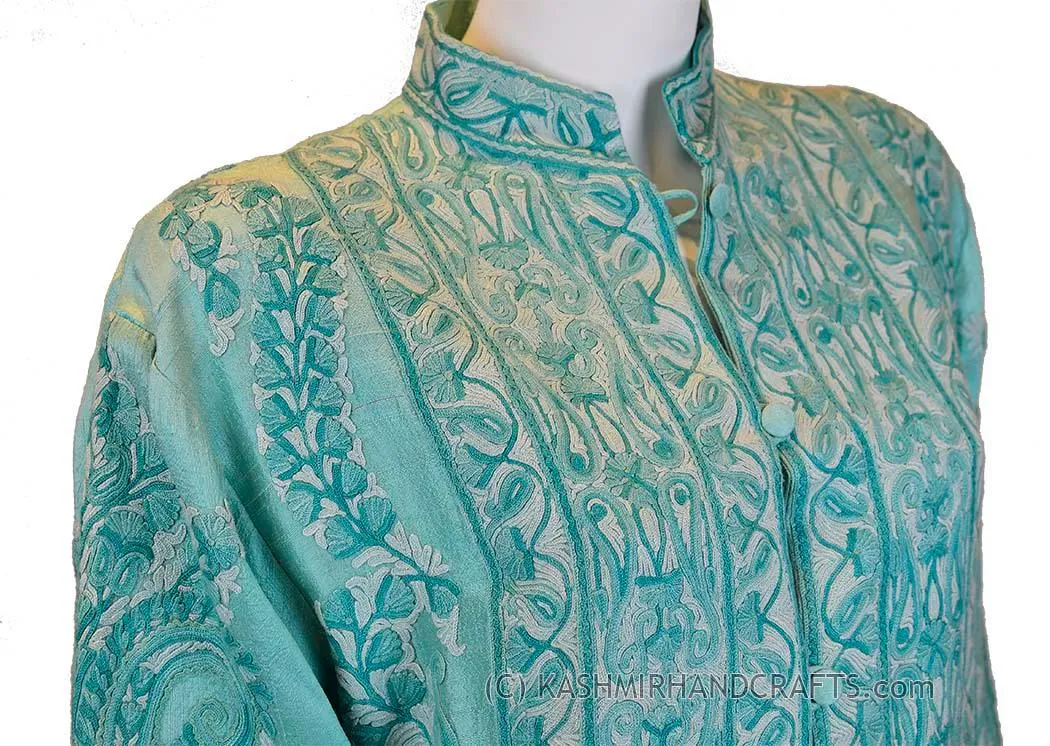 Aquamarine Silk Jacket Dinner Paisley Evening Dress Coat Hand Embroidered Kashmir