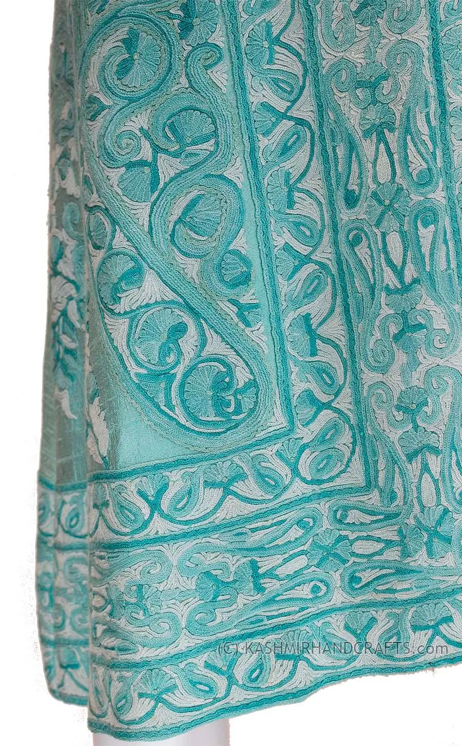 Aquamarine Silk Jacket Dinner Paisley Evening Dress Coat Hand Embroidered Kashmir