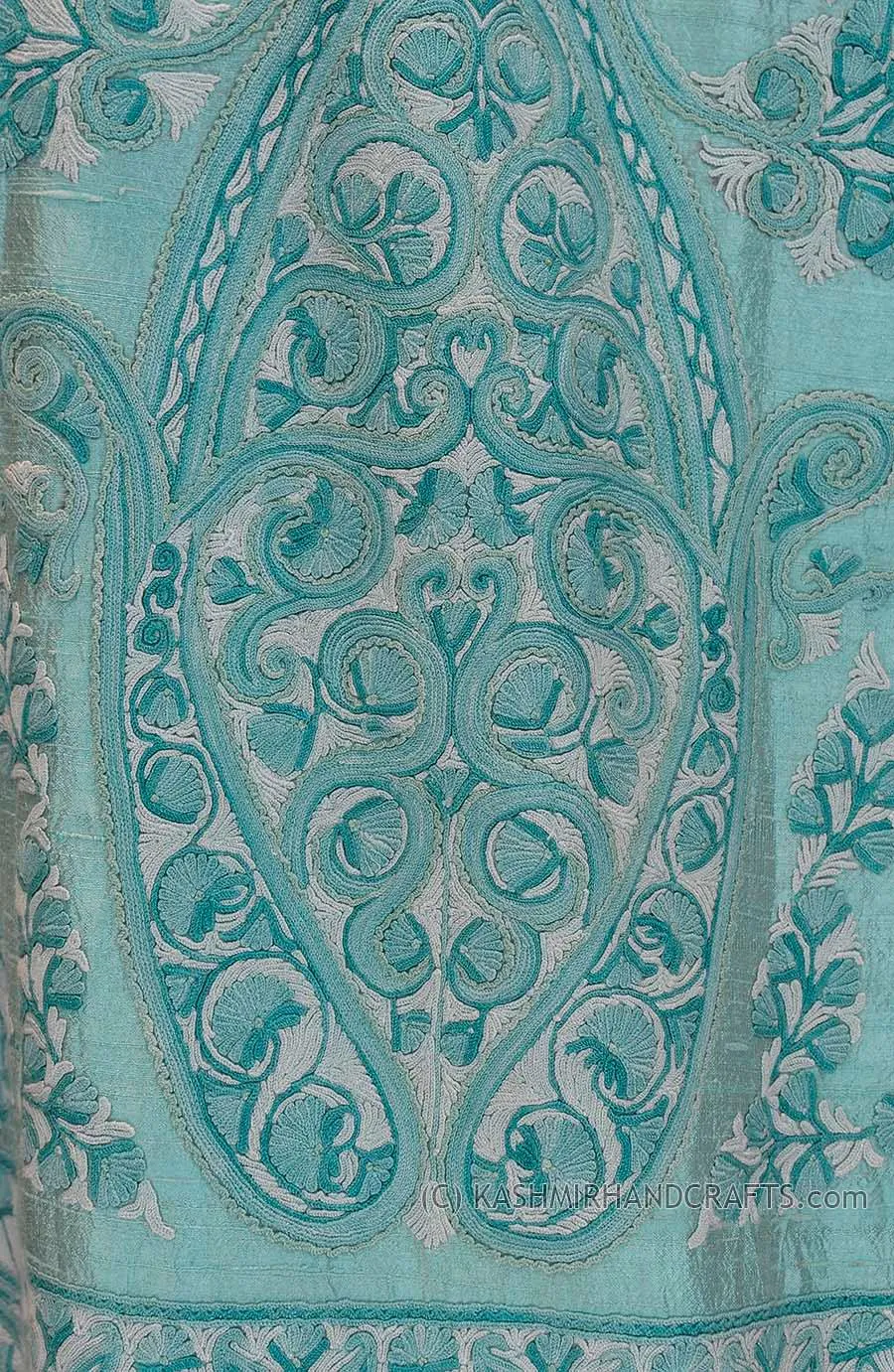 Aquamarine Silk Jacket Dinner Paisley Evening Dress Coat Hand Embroidered Kashmir