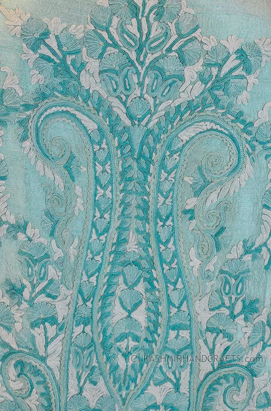 Aquamarine Silk Jacket Dinner Paisley Evening Dress Coat Hand Embroidered Kashmir
