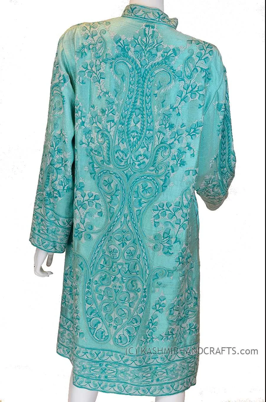 Aquamarine Silk Jacket Dinner Paisley Evening Dress Coat Hand Embroidered Kashmir