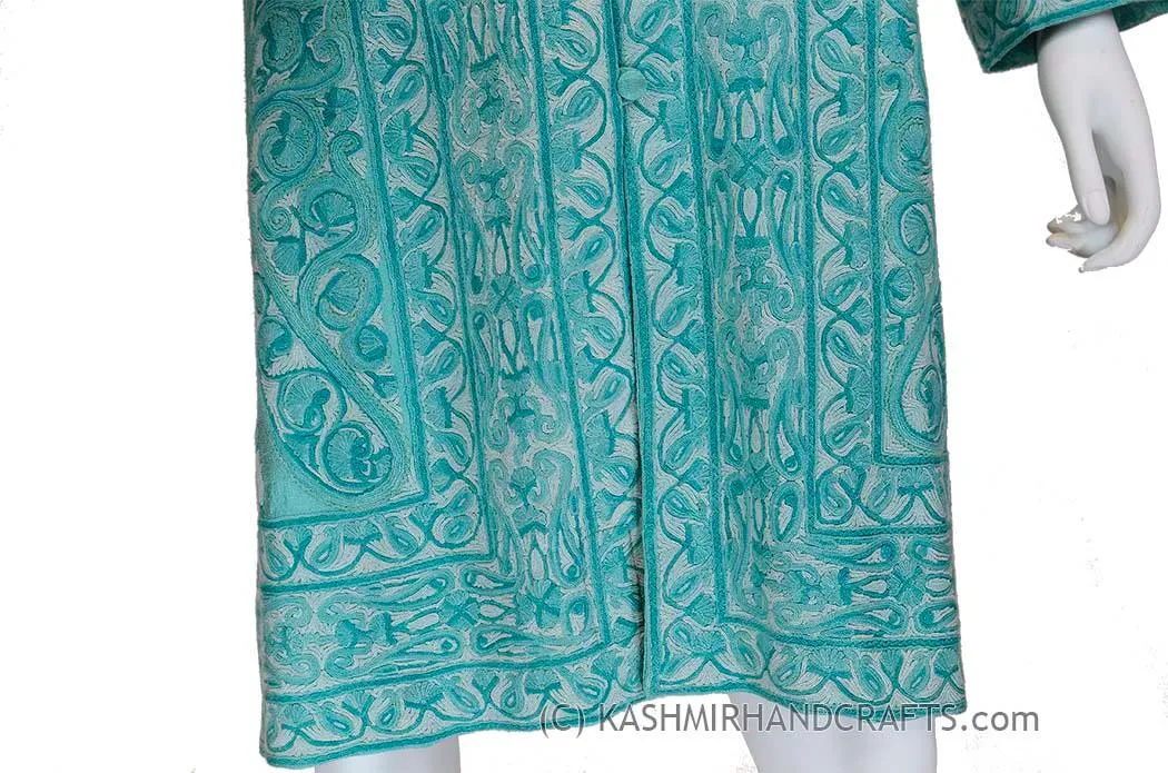 Aquamarine Silk Jacket Dinner Paisley Evening Dress Coat Hand Embroidered Kashmir