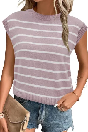 Arach&Cloz Womens Summer 2024 Sweater Vest Cap Sleeve Crew Neck Striped Fashion Casual Sleeveless Fall Tops Clothes