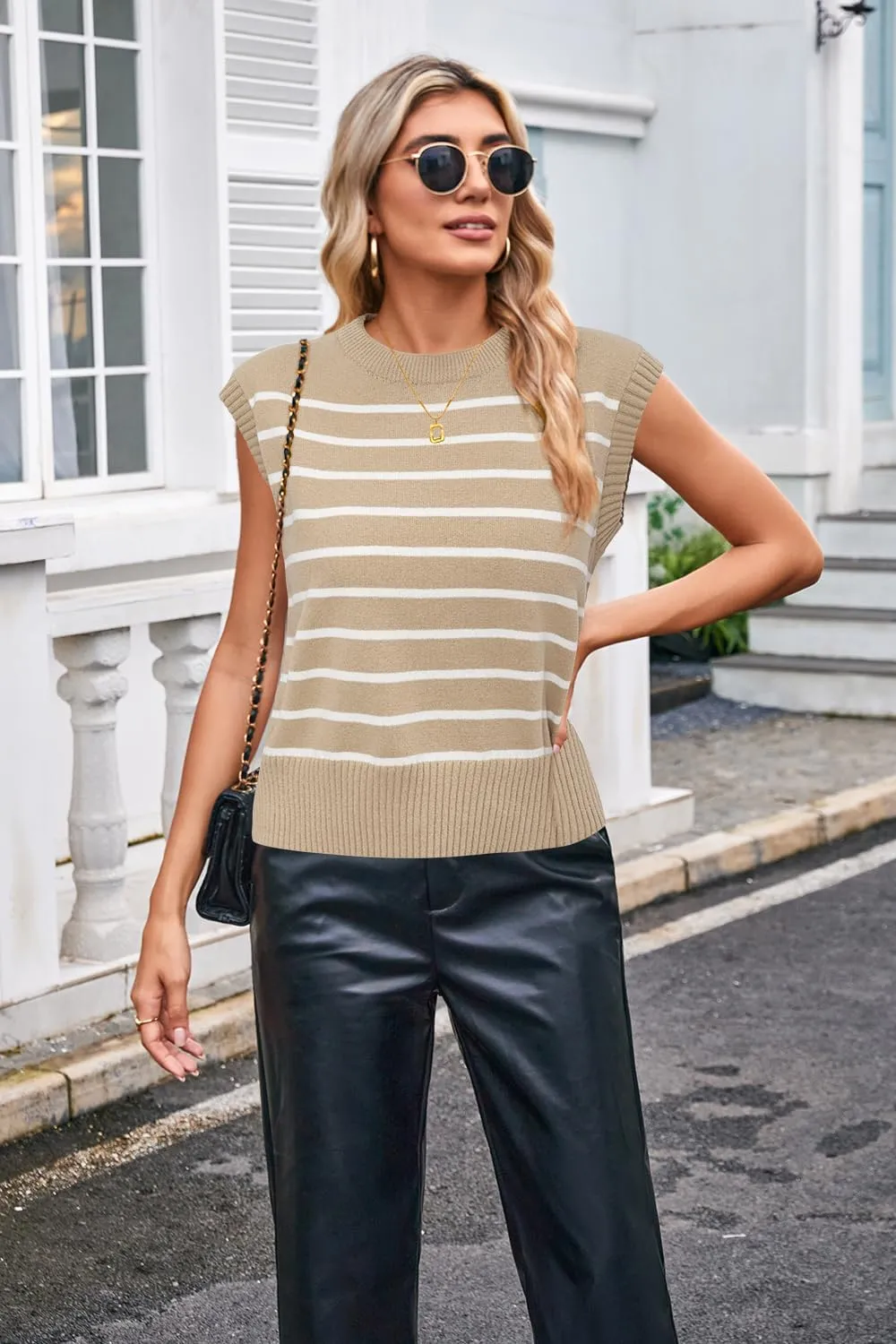 Arach&Cloz Womens Summer 2024 Sweater Vest Cap Sleeve Crew Neck Striped Fashion Casual Sleeveless Fall Tops Clothes