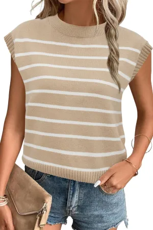 Arach&Cloz Womens Summer 2024 Sweater Vest Cap Sleeve Crew Neck Striped Fashion Casual Sleeveless Fall Tops Clothes