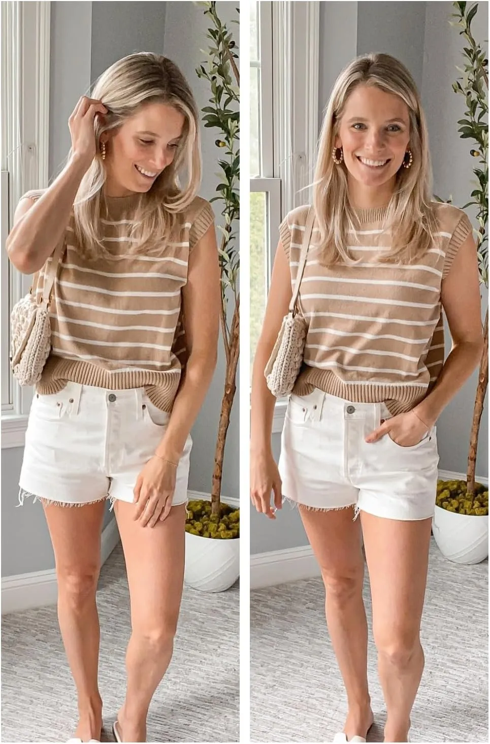 Arach&Cloz Womens Summer 2024 Sweater Vest Cap Sleeve Crew Neck Striped Fashion Casual Sleeveless Fall Tops Clothes