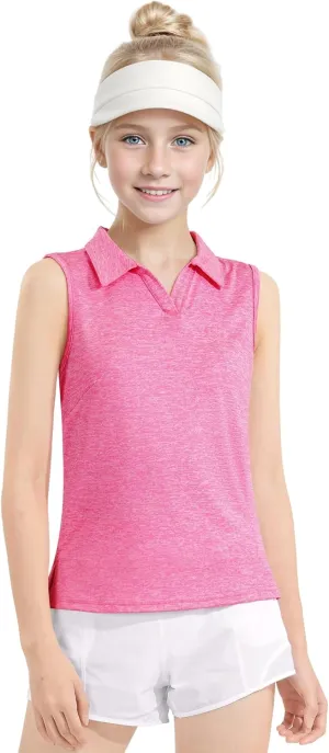 Auranso Girls Sleeveless Polo Shirts V-Neck Golf Tennis T-Shirts with Collared Quick Dry Tank Tops