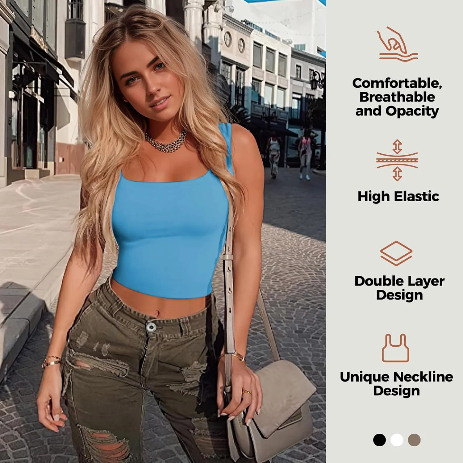 AURUZA Crop Tops for Women, Womens Double Lined Tank Tops U-Neck Basic Workout Tank Tops Woman Sleeveless Shirt Going Out Top