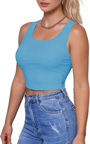 AURUZA Crop Tops for Women, Womens Double Lined Tank Tops U-Neck Basic Workout Tank Tops Woman Sleeveless Shirt Going Out Top