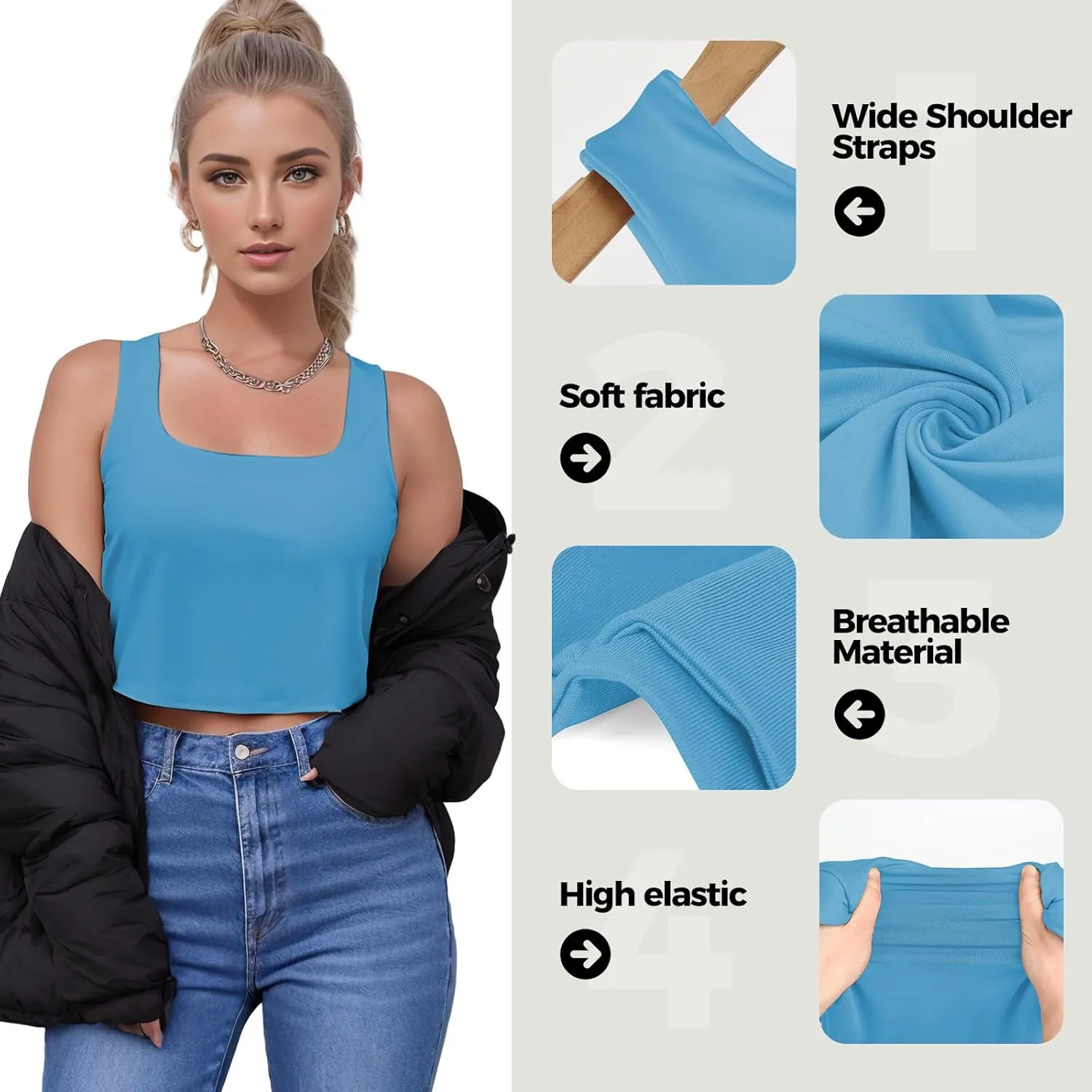 AURUZA Crop Tops for Women, Womens Double Lined Tank Tops U-Neck Basic Workout Tank Tops Woman Sleeveless Shirt Going Out Top