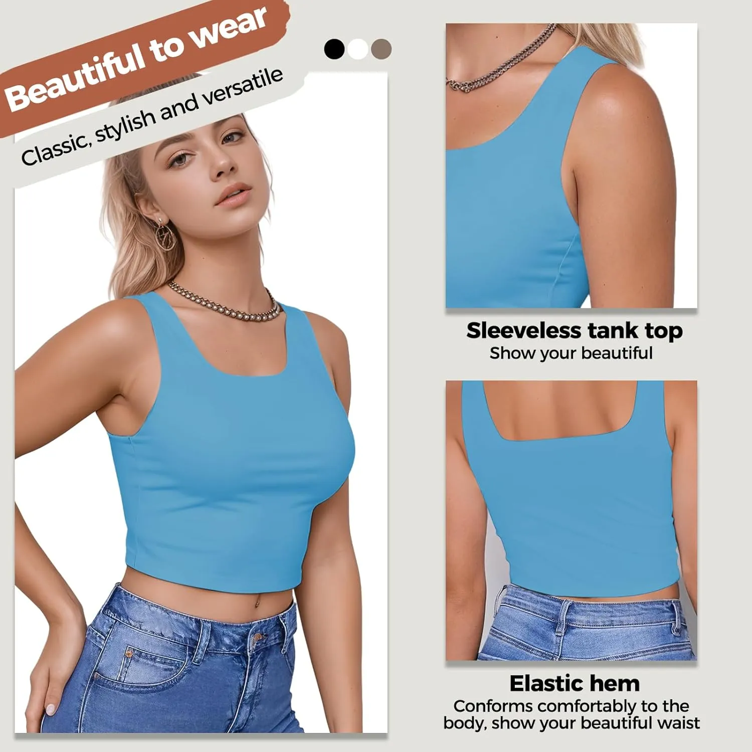 AURUZA Crop Tops for Women, Womens Double Lined Tank Tops U-Neck Basic Workout Tank Tops Woman Sleeveless Shirt Going Out Top