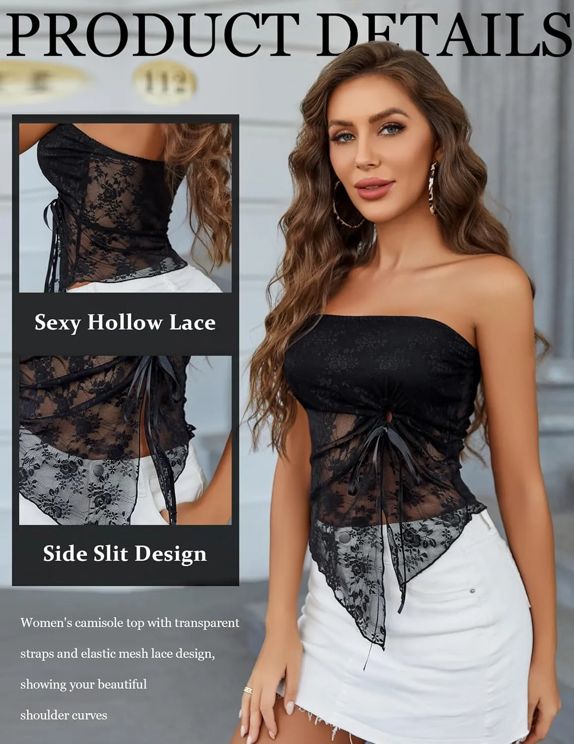 Avidlove Going Out Tops for Women Lace Camisole Y2k Tube Crop Tops Side Slit Bralettes Lingerie