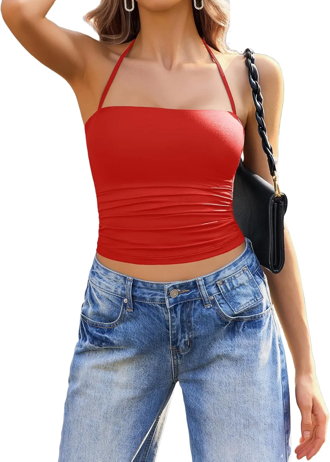 Avidlove Halter Tops for Women Going Out Double Lined Sexy Crop Tank Top Ruched Slim Fit Cami Y2K Outfits
