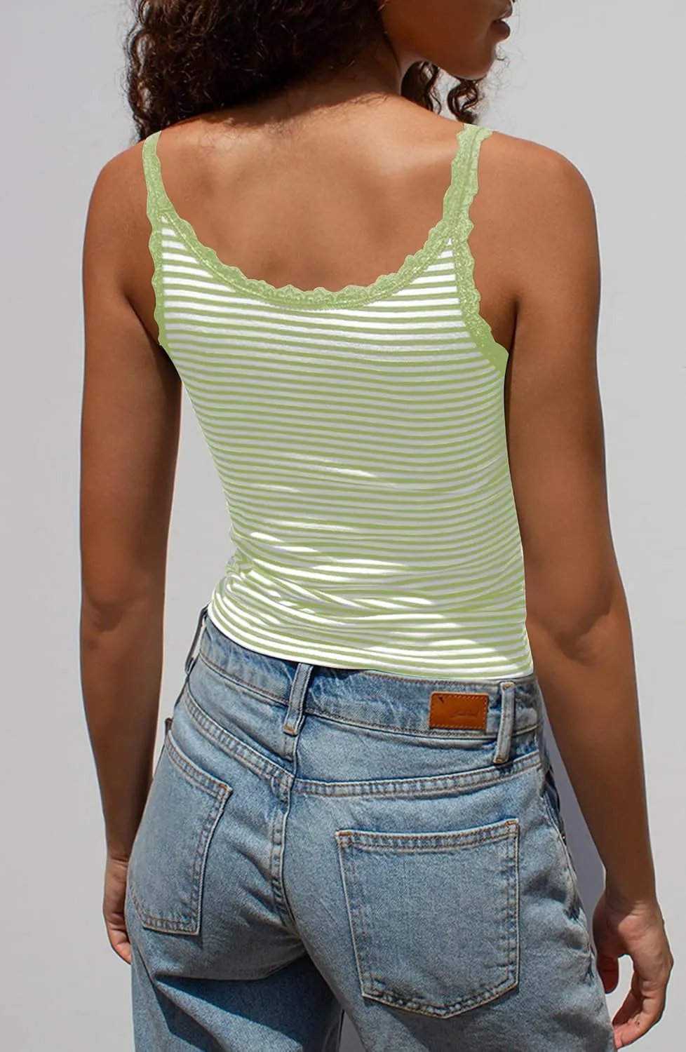 BAIGRAM Women Y2K Going Out Striped Camisole Tops Lace Patchwork Scoop Neck Spaghetti Strap Crop Tank Tops Cute Coquette
