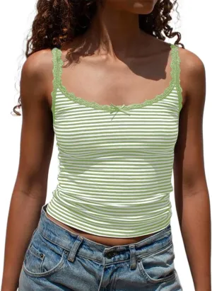 BAIGRAM Women Y2K Going Out Striped Camisole Tops Lace Patchwork Scoop Neck Spaghetti Strap Crop Tank Tops Cute Coquette
