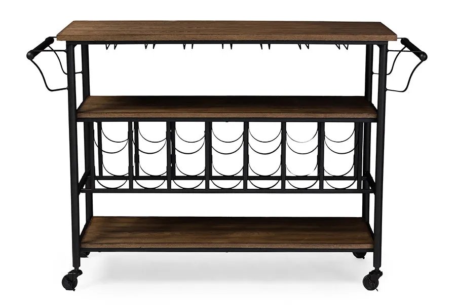 Baxton Studio Bradford Rustic Industrial Style Antique Black Textured Finish Metal Distressed Wood Mobile Kitchen Bar Serving Wine Cart