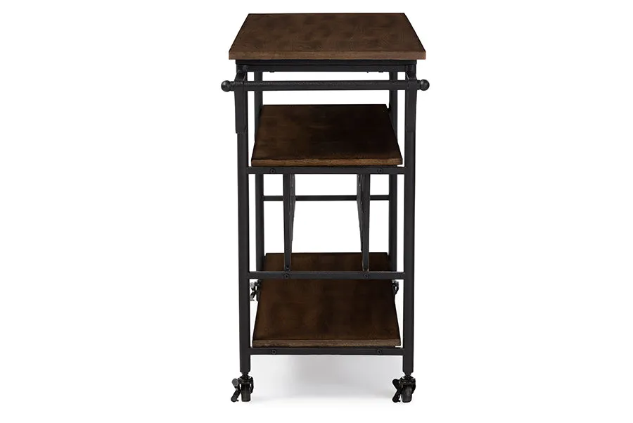Baxton Studio Bradford Rustic Industrial Style Antique Black Textured Finish Metal Distressed Wood Mobile Kitchen Bar Serving Wine Cart