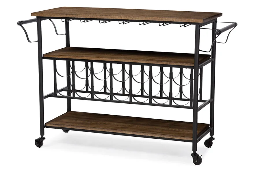 Baxton Studio Bradford Rustic Industrial Style Antique Black Textured Finish Metal Distressed Wood Mobile Kitchen Bar Serving Wine Cart
