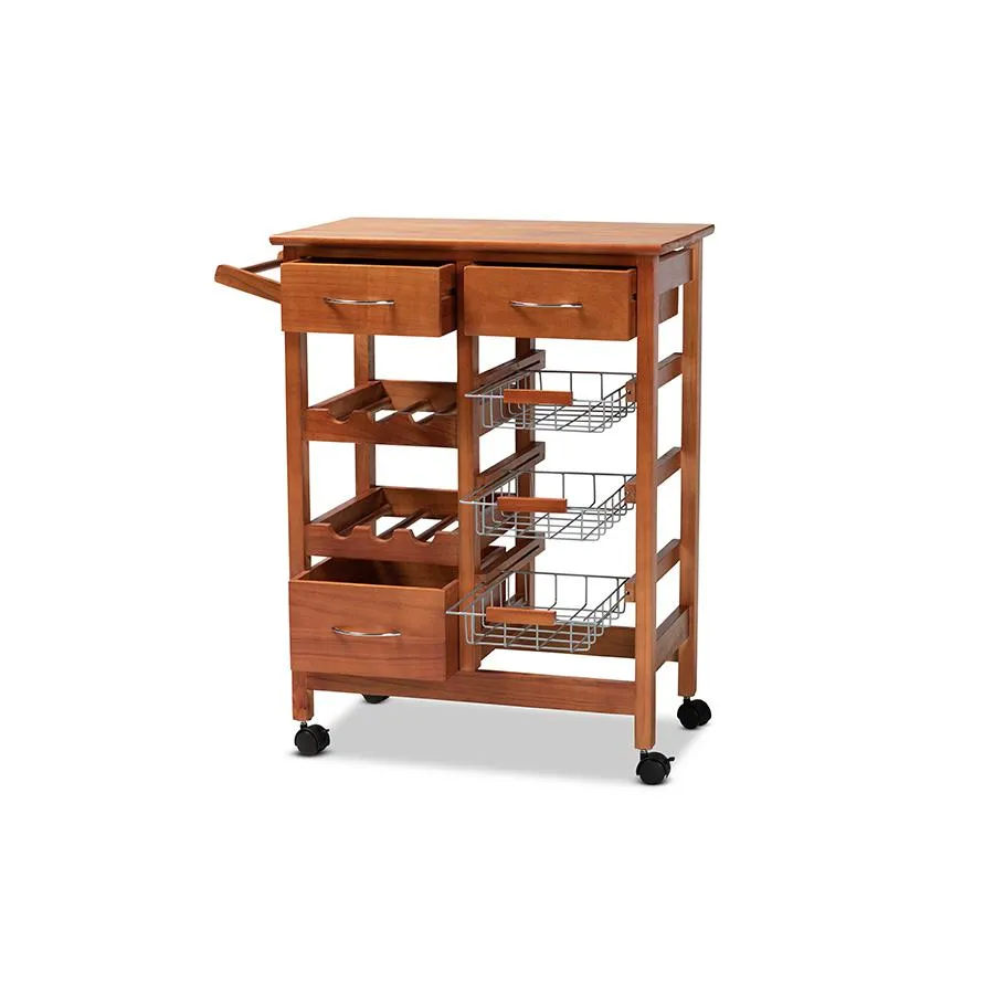 Baxton Studio Crayton Modern and Contemporary Oak Brown Finished Wood and Silver-Tone Metal Mobile Kitchen Storage Cart