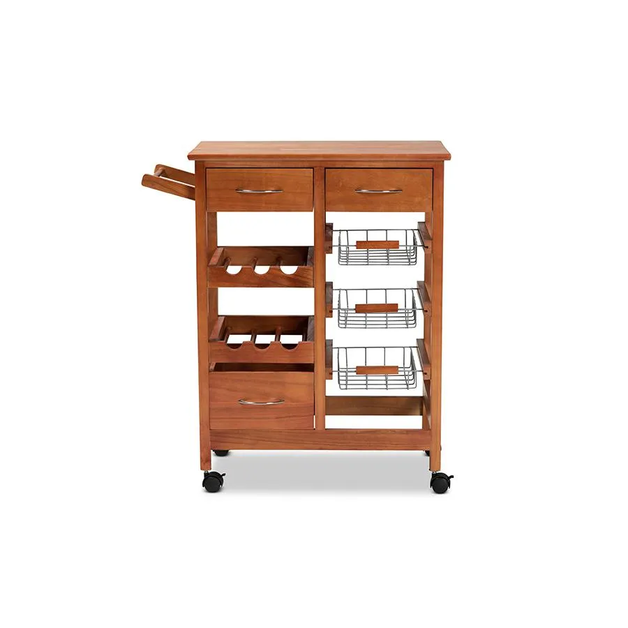 Baxton Studio Crayton Modern and Contemporary Oak Brown Finished Wood and Silver-Tone Metal Mobile Kitchen Storage Cart