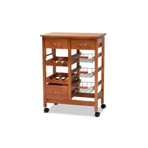 Baxton Studio Crayton Modern and Contemporary Oak Brown Finished Wood and Silver-Tone Metal Mobile Kitchen Storage Cart