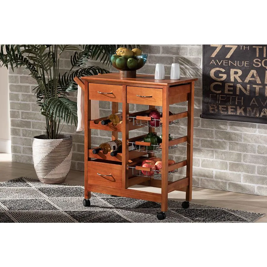 Baxton Studio Crayton Modern and Contemporary Oak Brown Finished Wood and Silver-Tone Metal Mobile Kitchen Storage Cart