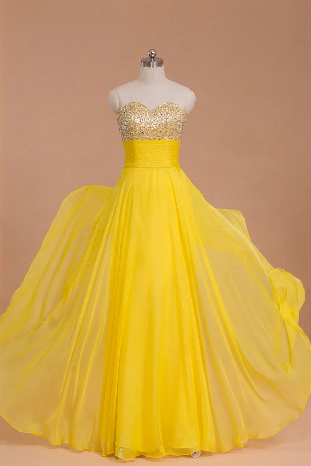 Beaded Yellow Flowing Chiffon Prom Dresses