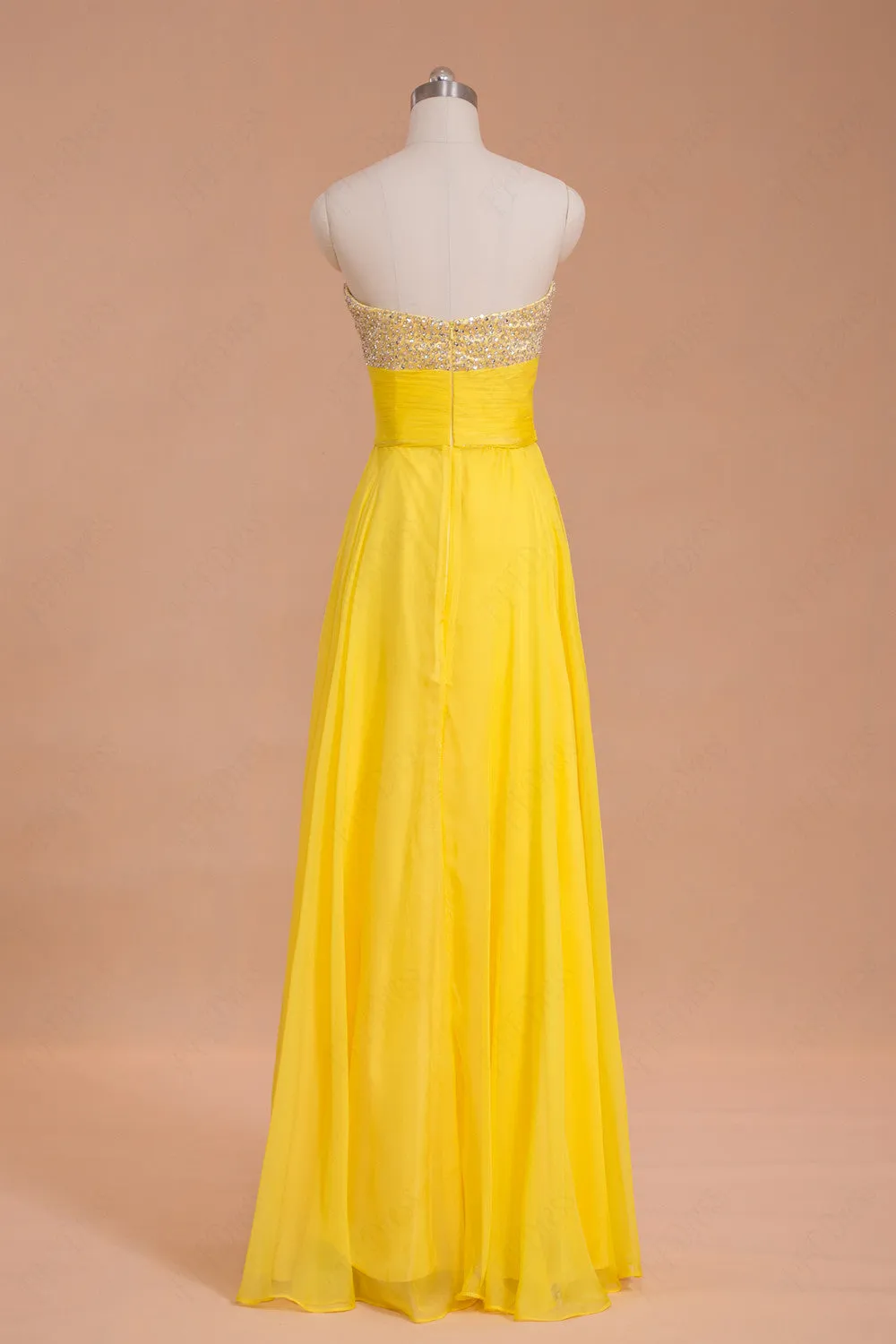 Beaded Yellow Flowing Chiffon Prom Dresses