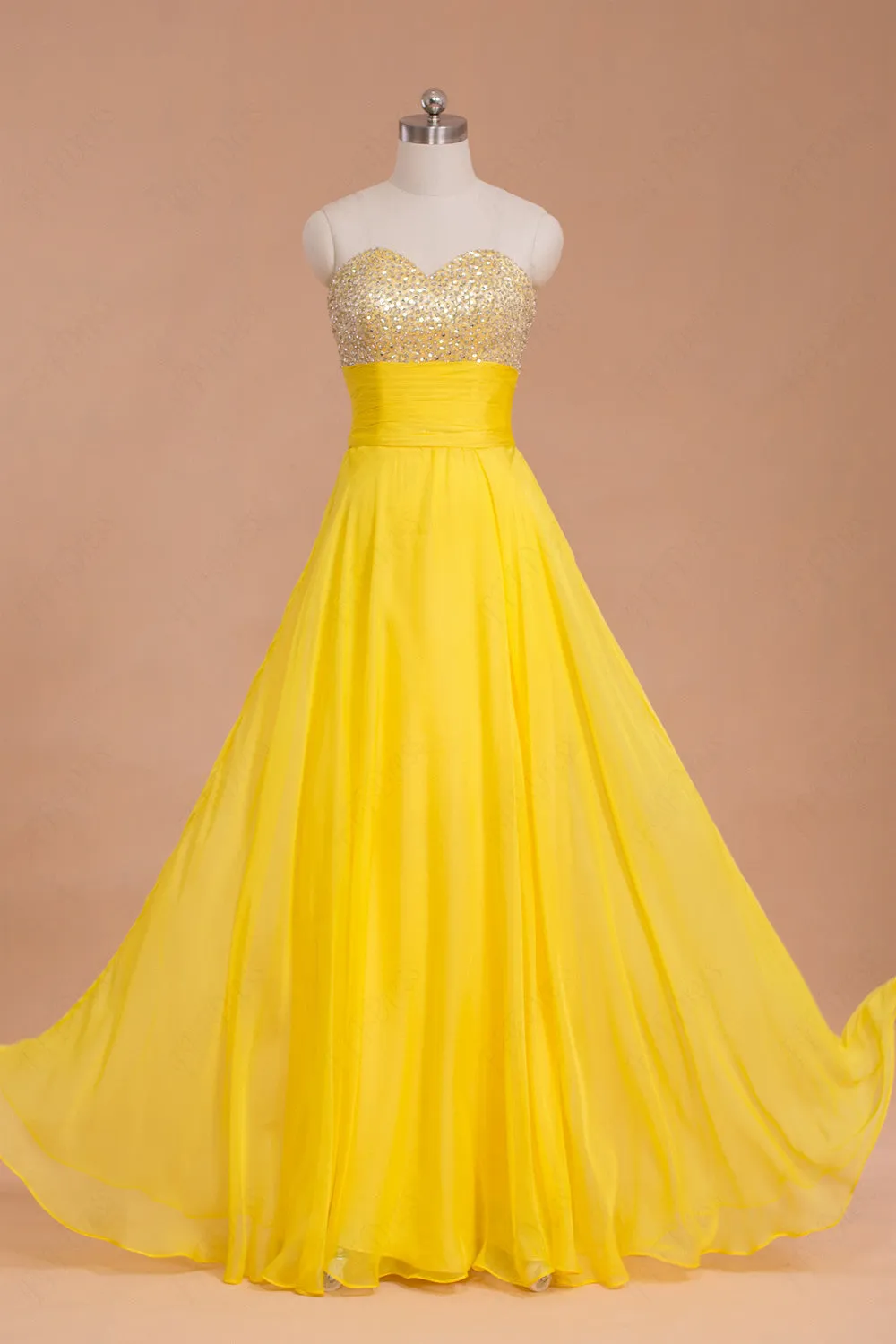 Beaded Yellow Flowing Chiffon Prom Dresses