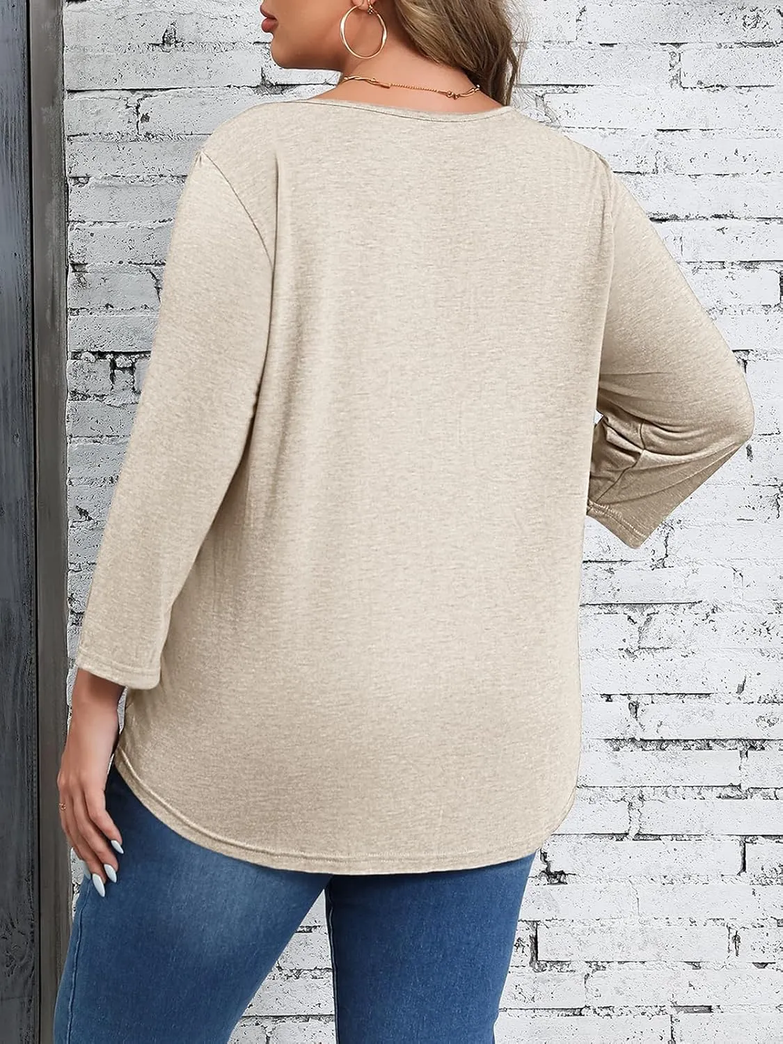 Beautife Womens Plus Size T-Shirts V Neck 3/4 Sleeve Tops Fall Henley Shirts Casual Basic Loose Fit Blouses