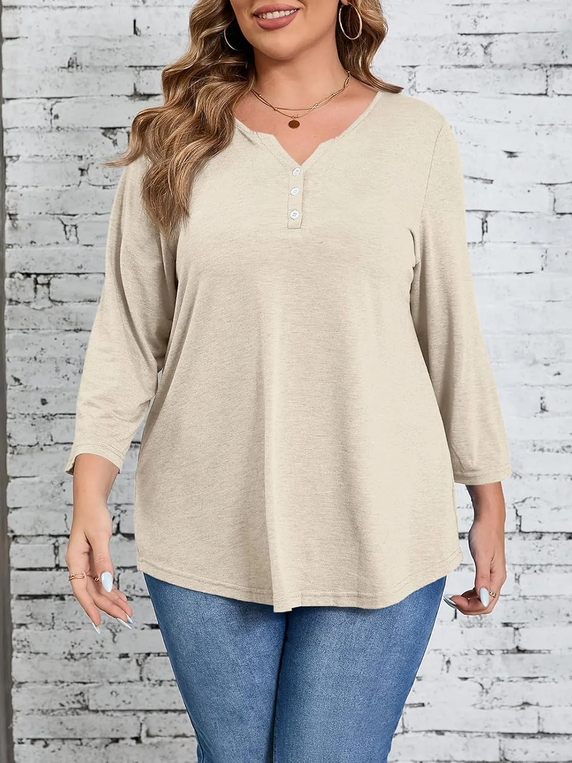 Beautife Womens Plus Size T-Shirts V Neck 3/4 Sleeve Tops Fall Henley Shirts Casual Basic Loose Fit Blouses