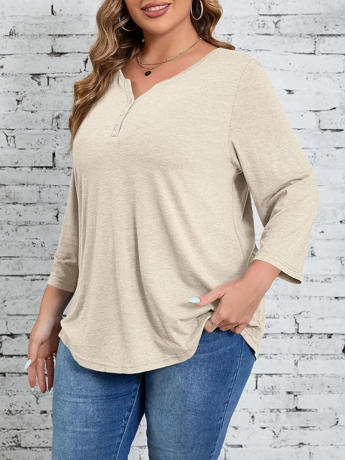 Beautife Womens Plus Size T-Shirts V Neck 3/4 Sleeve Tops Fall Henley Shirts Casual Basic Loose Fit Blouses