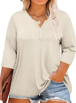 Beautife Womens Plus Size T-Shirts V Neck 3/4 Sleeve Tops Fall Henley Shirts Casual Basic Loose Fit Blouses