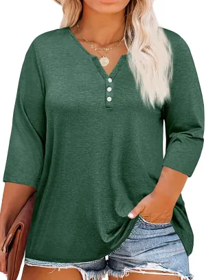 Beautife Womens Plus Size T-Shirts V Neck 3/4 Sleeve Tops Fall Henley Shirts Casual Basic Loose Fit Blouses