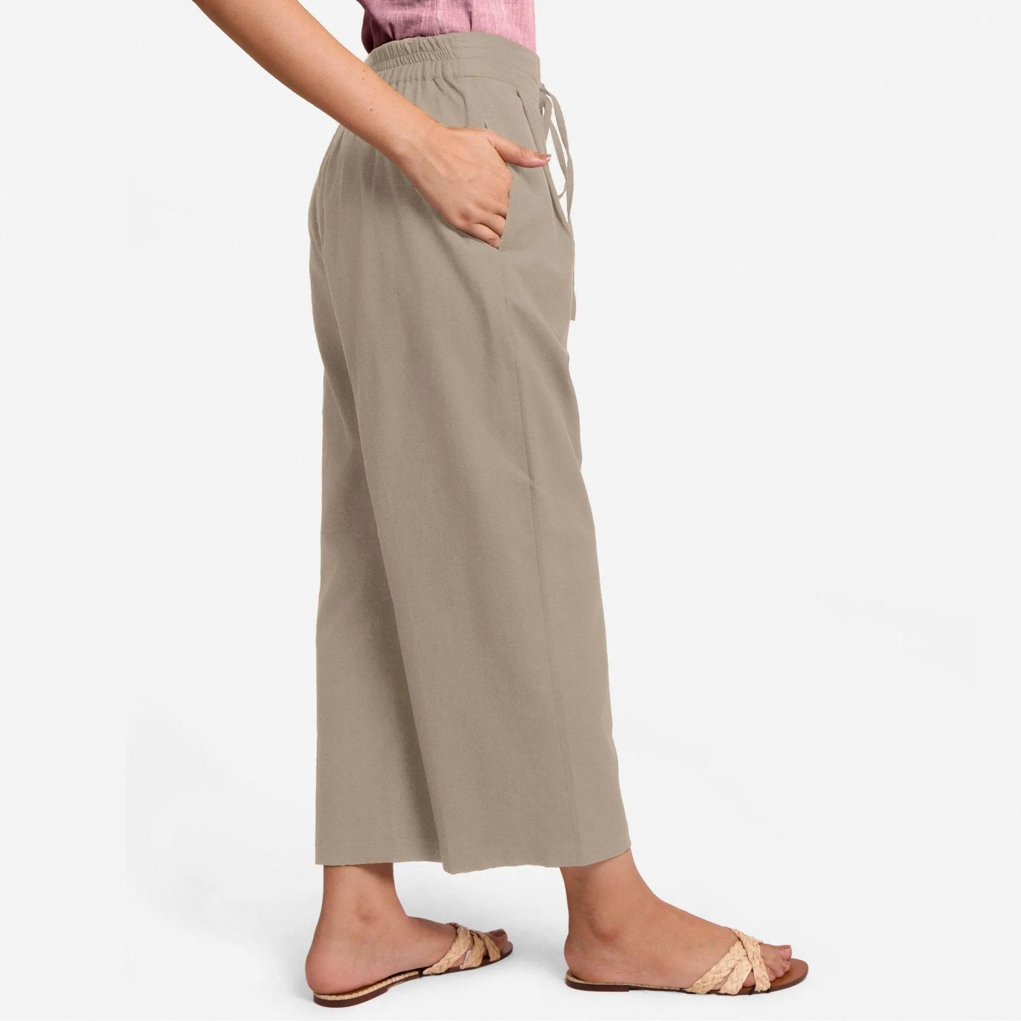 Beige Cotton Flax Elasticated Relaxed Fit Wide Legged Pant