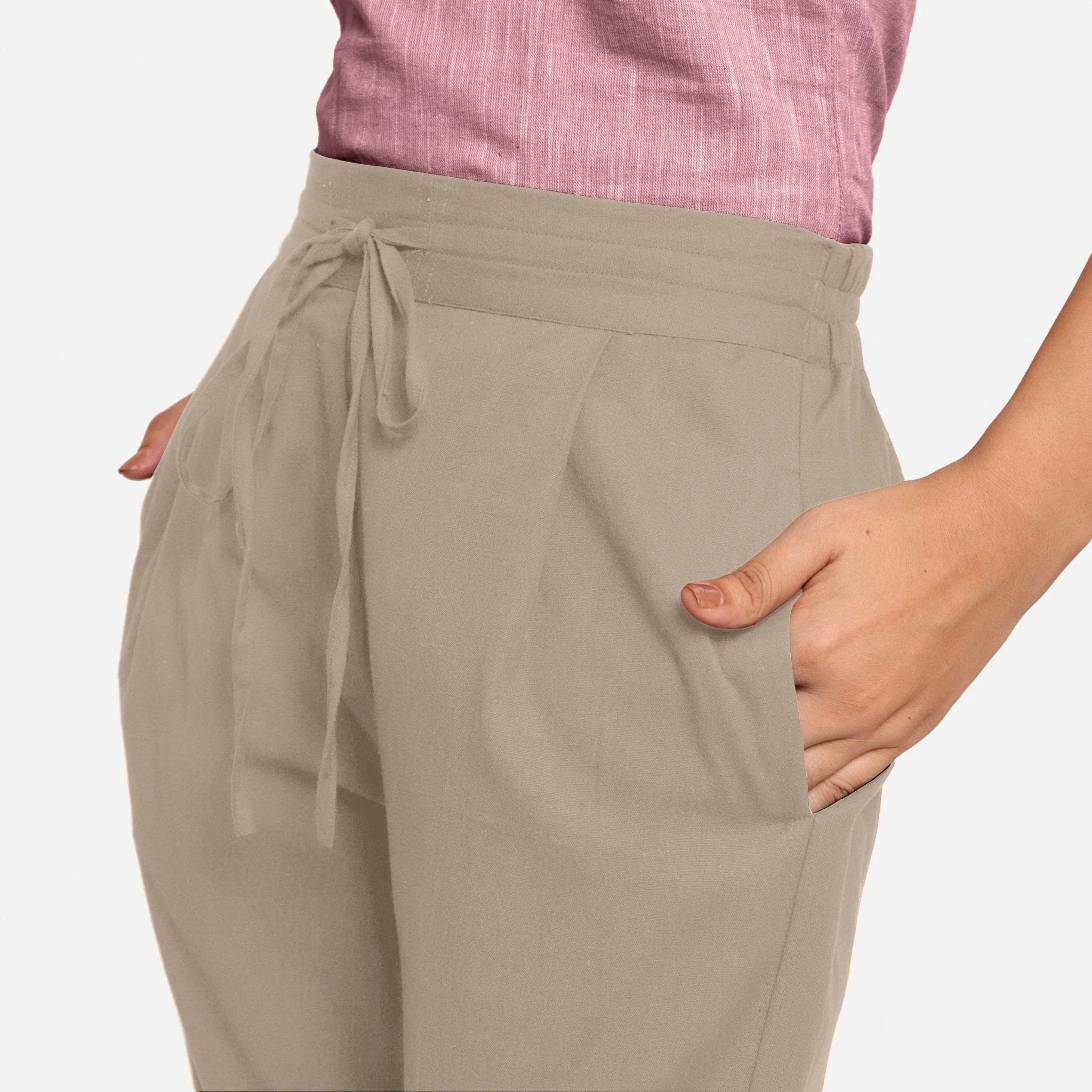 Beige Cotton Flax Elasticated Relaxed Fit Wide Legged Pant