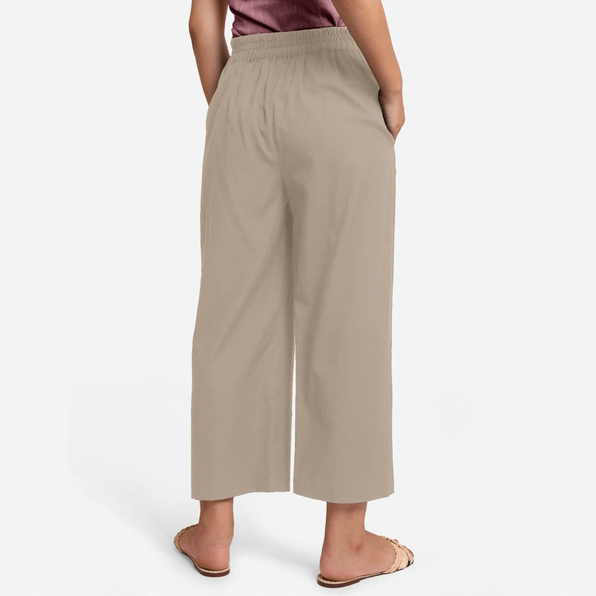 Beige Cotton Flax Elasticated Relaxed Fit Wide Legged Pant
