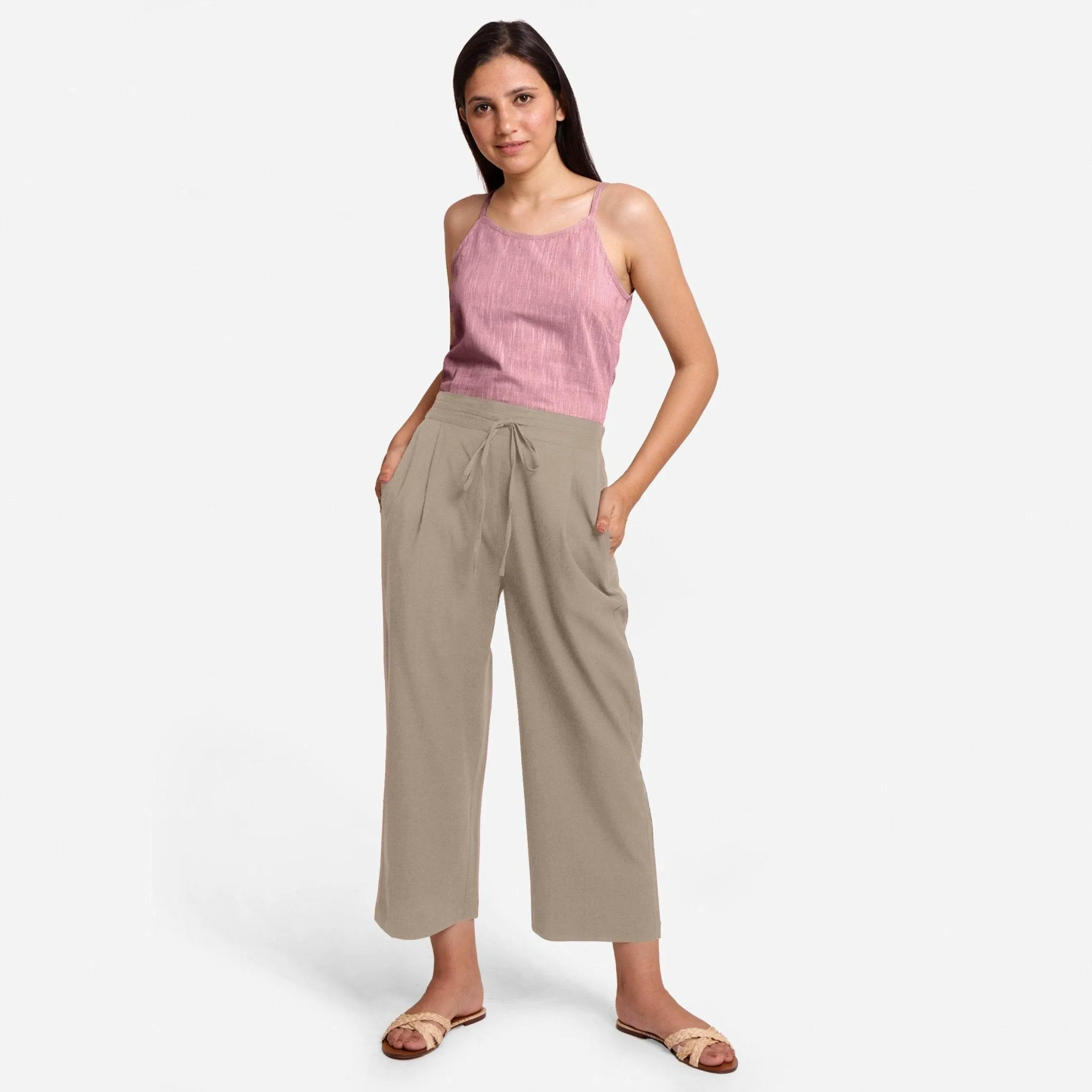 Beige Cotton Flax Elasticated Relaxed Fit Wide Legged Pant
