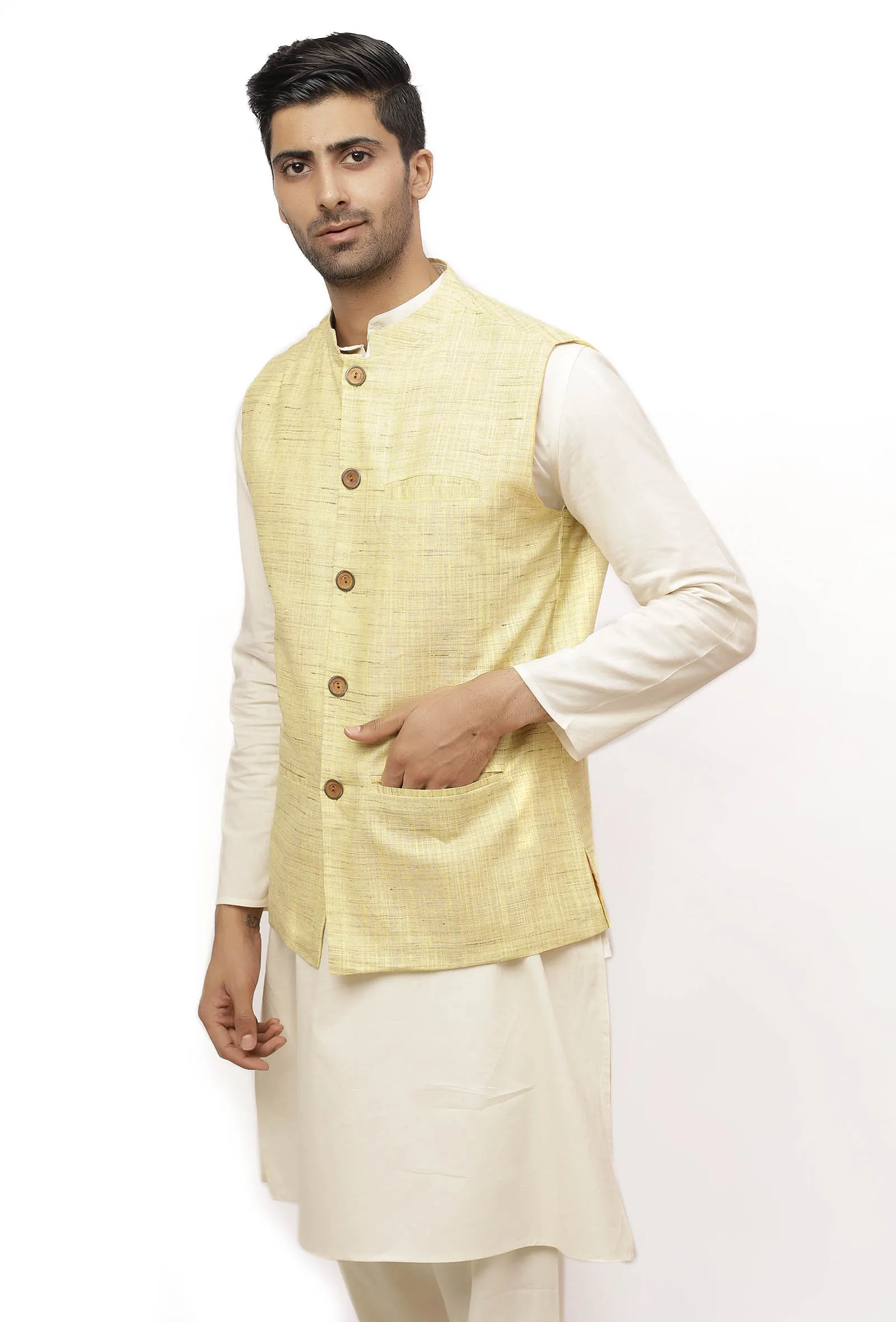 Beige Gold Matka Silk Nehru Jacket