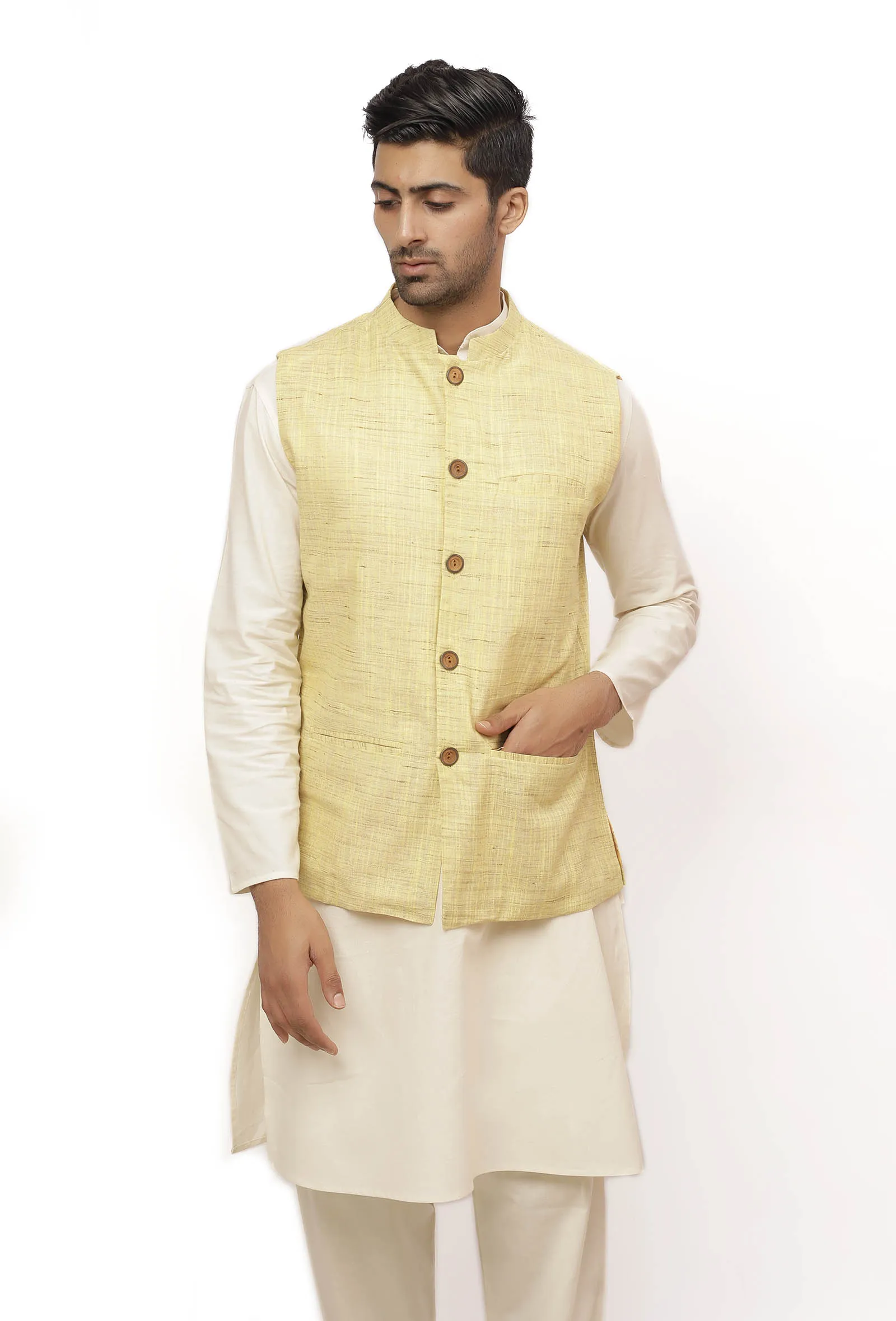 Beige Gold Matka Silk Nehru Jacket
