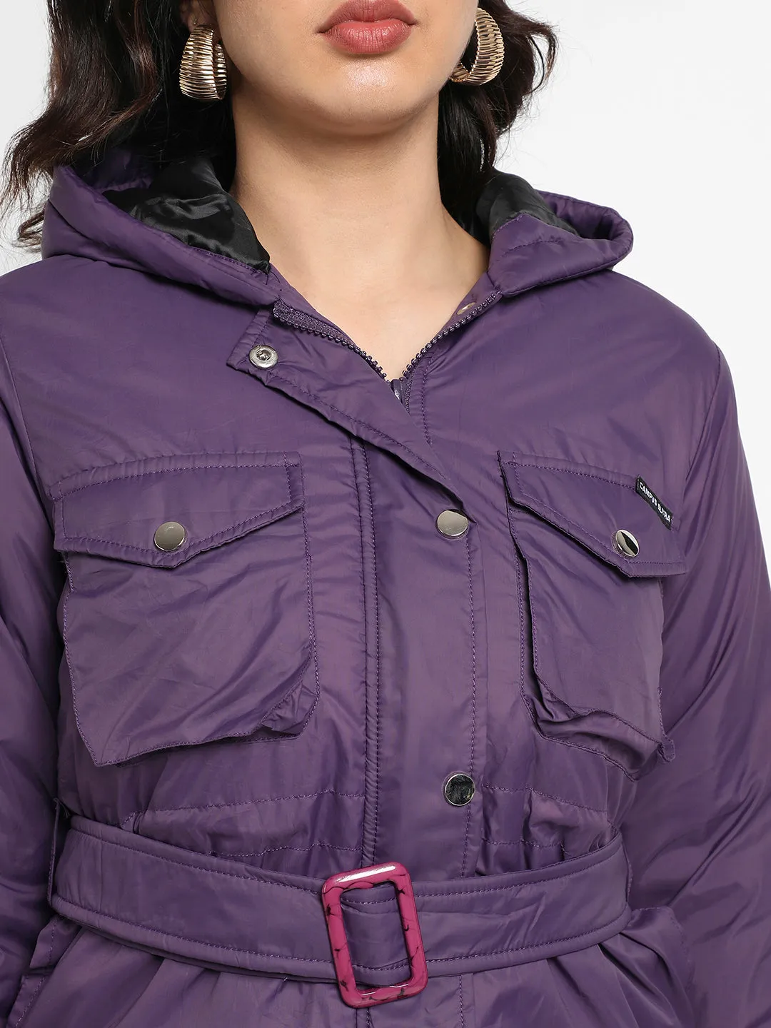 Belted Puffer Jacket With Flap Pockets