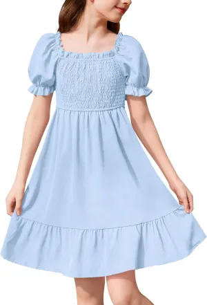 BesserBay Girls Summer Puff Sleeve Square Neck Smocked Ruffle Trim Flowy Midi Dress 4-14 Years