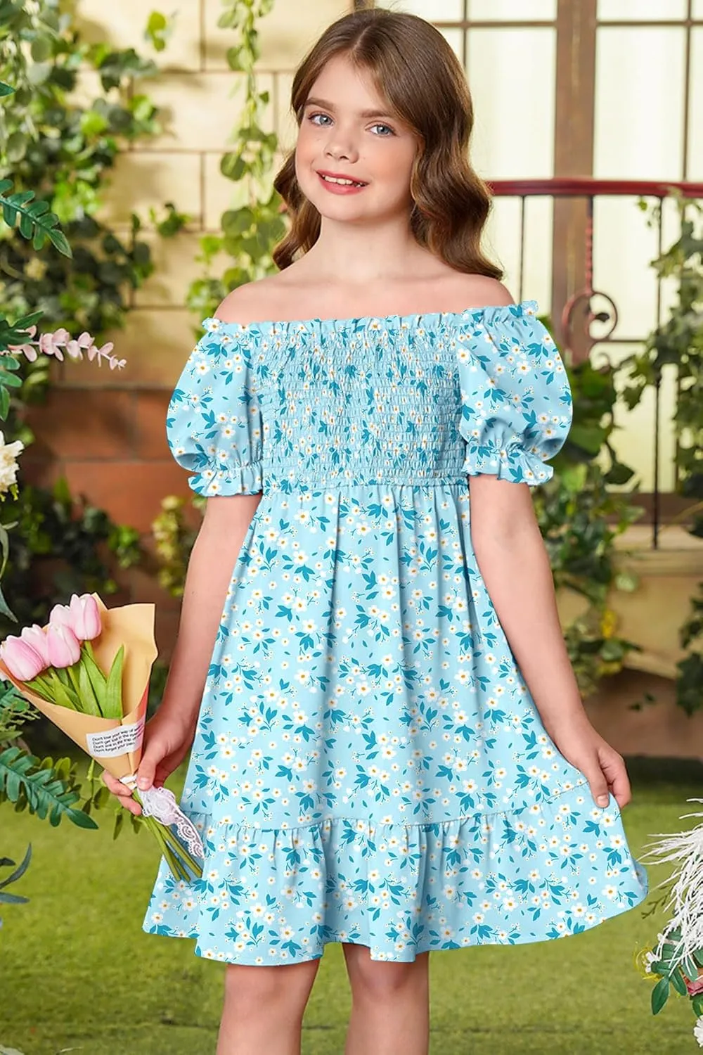 BesserBay Girls Summer Puff Sleeve Square Neck Smocked Ruffle Trim Flowy Midi Dress 4-14 Years